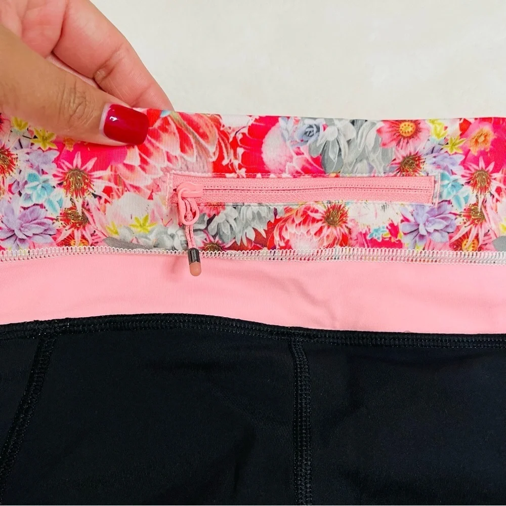 lululemon Cropped Black and Pink Floral Waistband Leggings